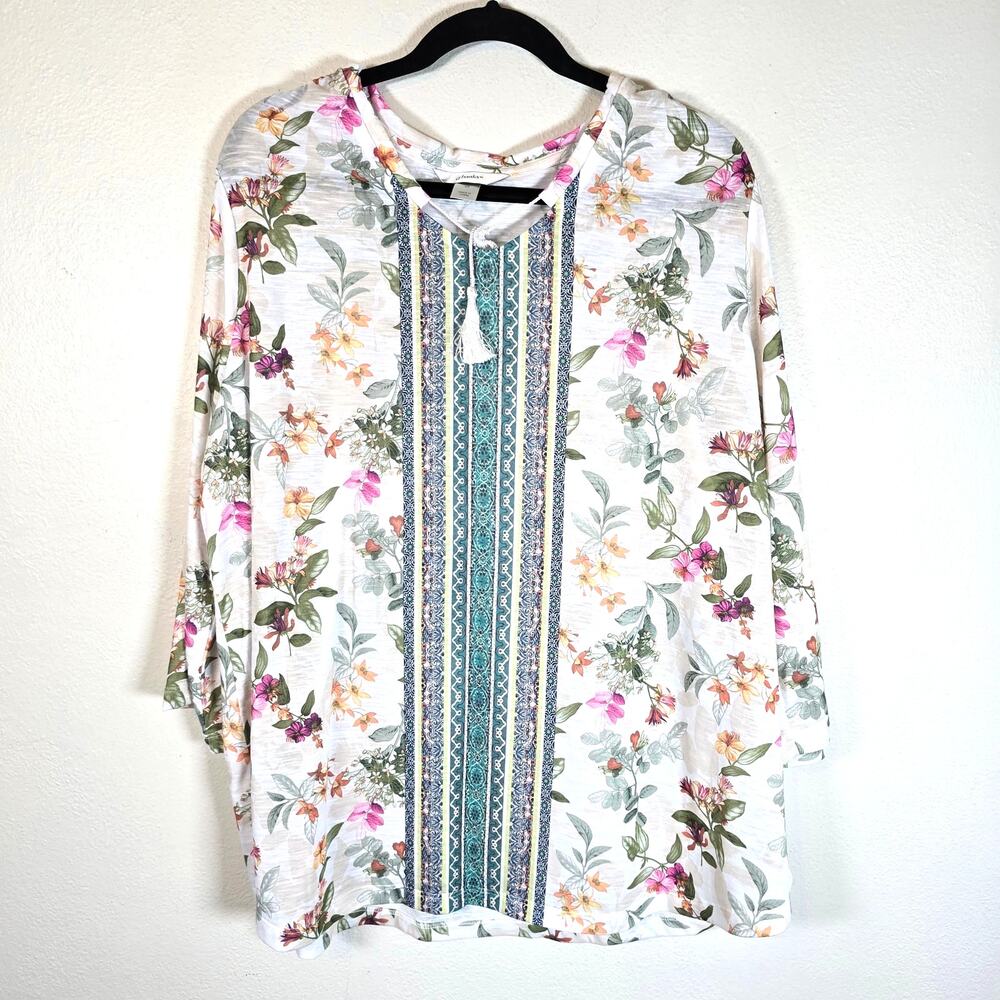 CJ Banks Blouse Women's 2X Pink Multi Floral Cottagecore Spring Summer Classic